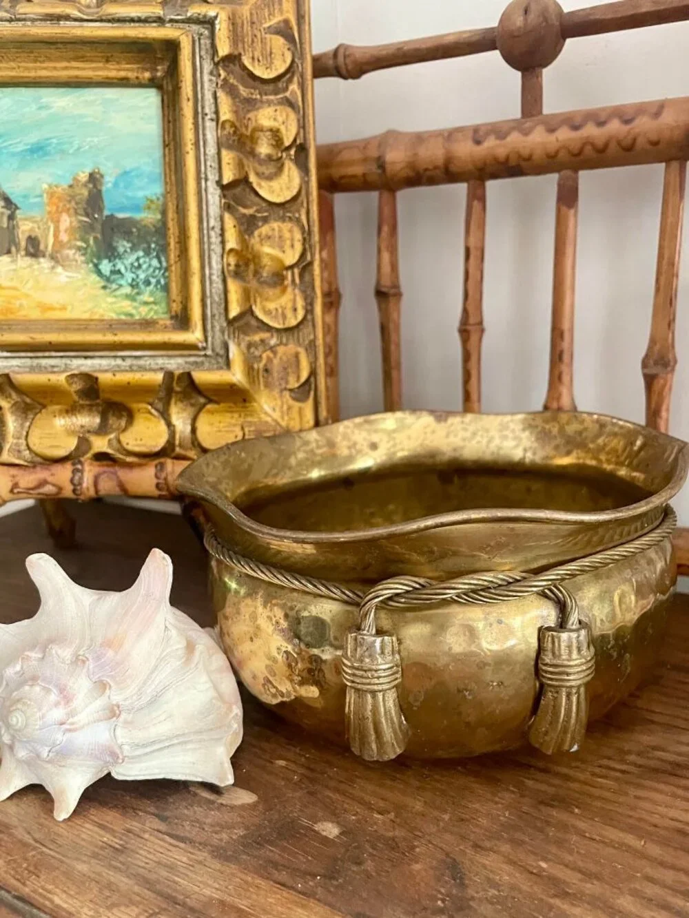 3 piece Vintage Brass Decor Collection Hammered Brass Bowl, Goblet & cachepot